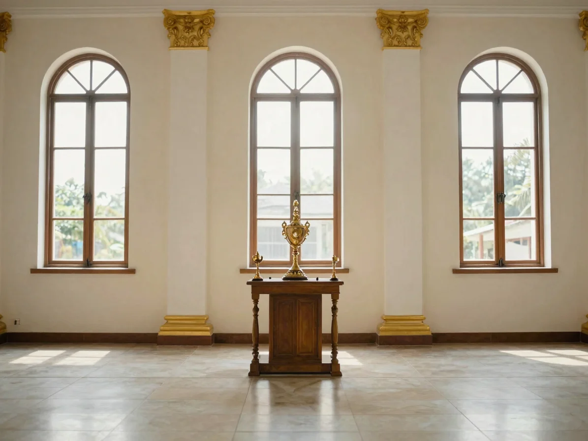 Altar gereja dengan perlengkapan liturgi, cahaya alami lembut dar