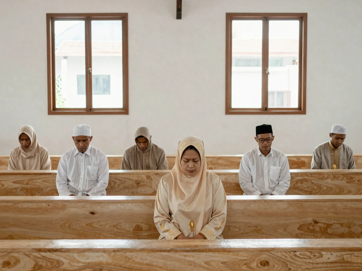 Bangku umat di dalam ruang ibadat yang tenang, cahaya lembut dari