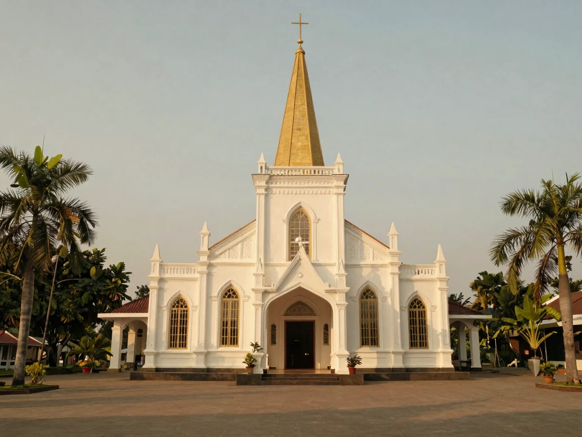 Eksterior gereja paroki di sore hari dengan cahaya alami lembut,