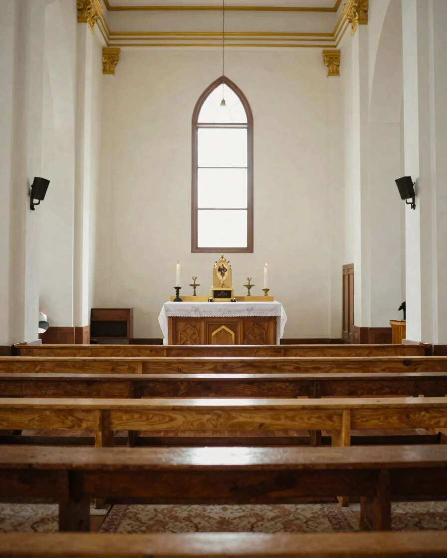 Interior gereja dengan altar dan deretan bangku kayu, cahaya alam