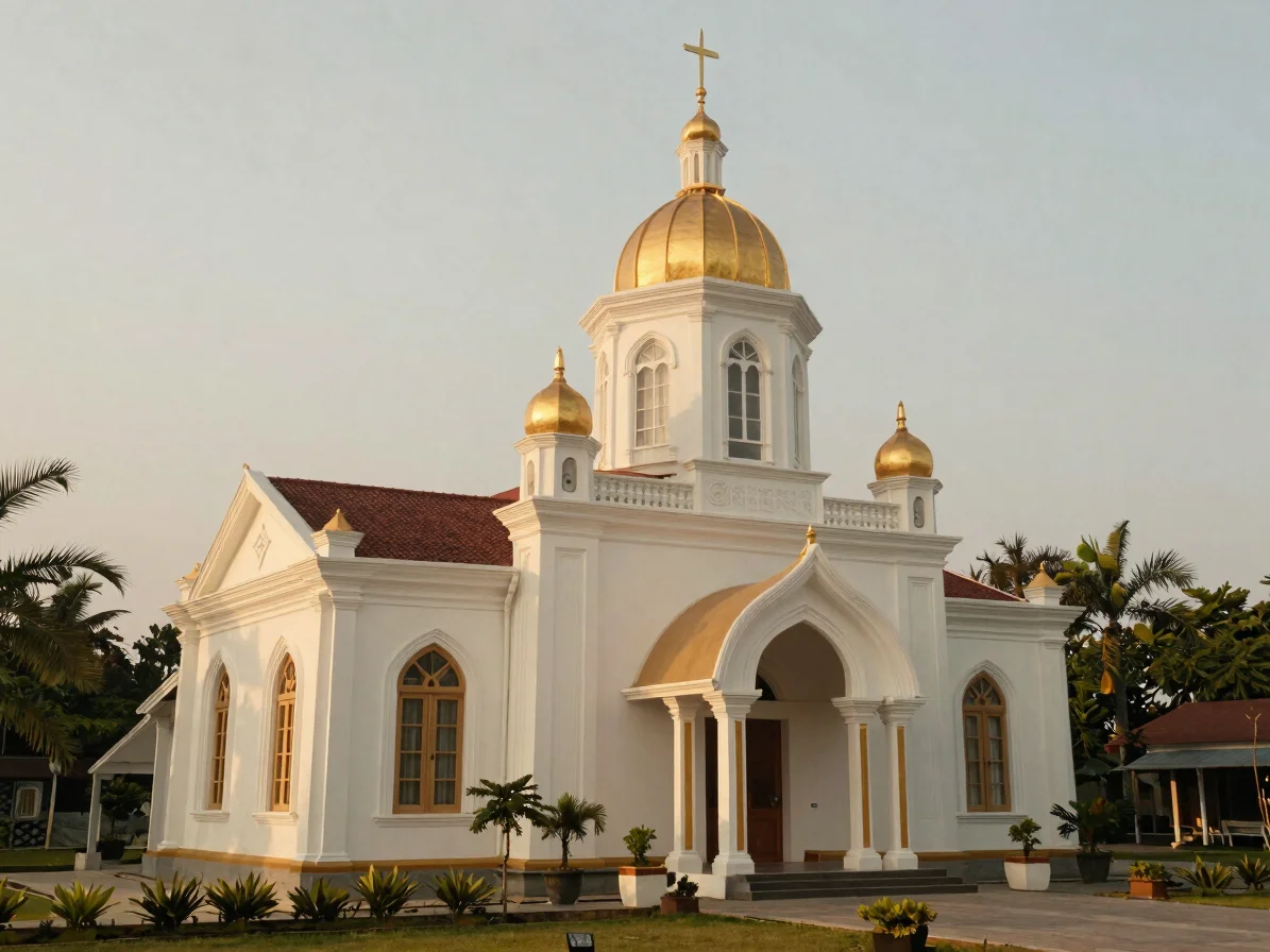 Eksterior gereja bergaya arsitektur setempat di pagi hari, cahaya alami tropis lembut, vegetasi hijau di sekitar, fotogr