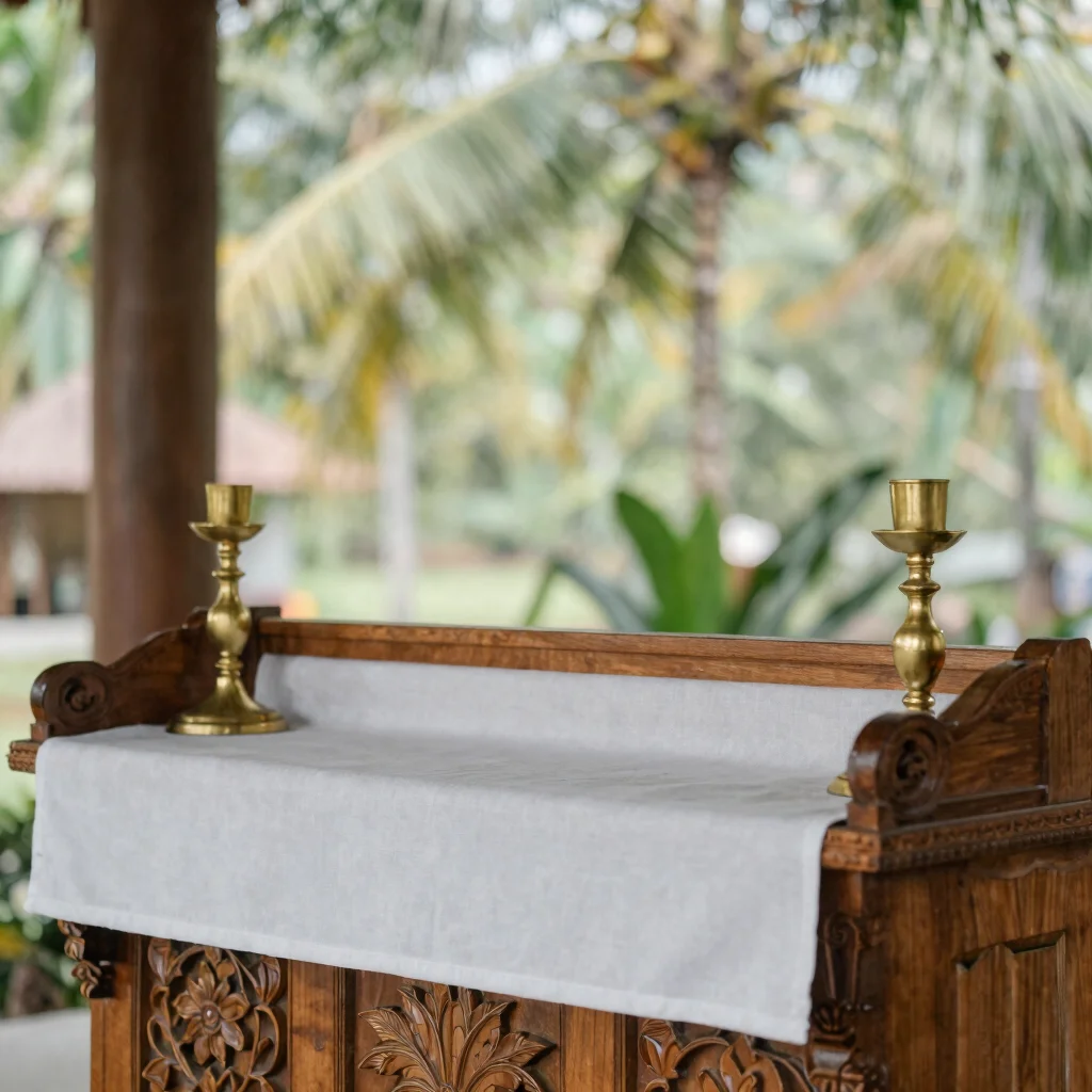 Close-up of a carved wooden altar with white linen and gold candl