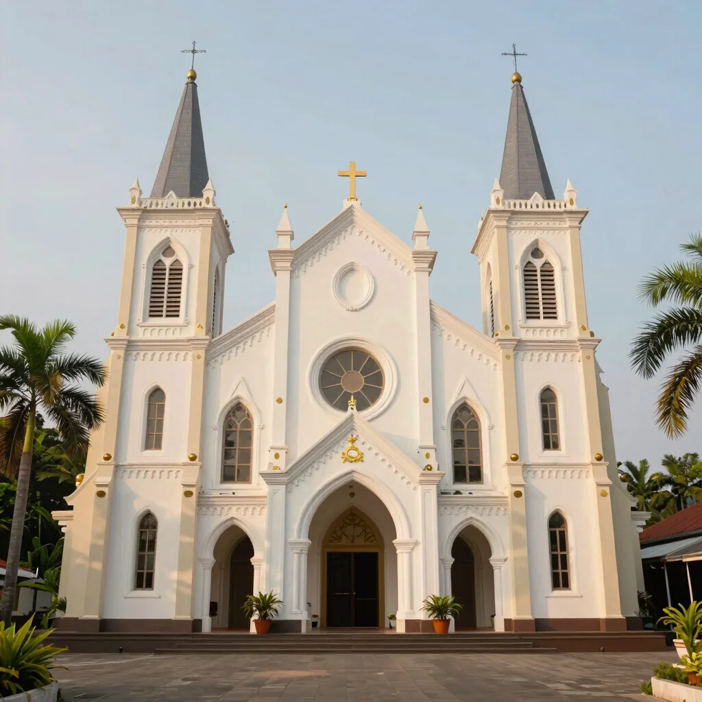 Exterior facade of an Indonesian Catholic church with tropical ve
