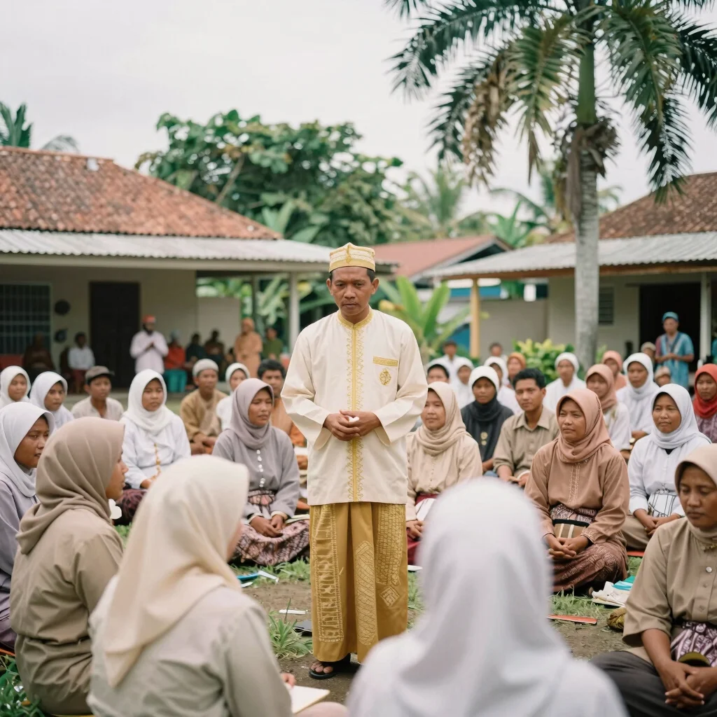 Members of a parish category community serving together in a tropical Indonesian church compound, documentary style, sof